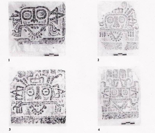 Mascarones de una serie de lápidas de piedra con relieve de la deidad teotihuacana de la lluvia, Tláloc.