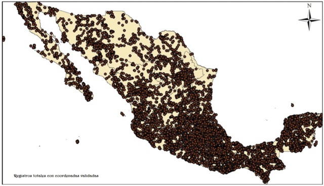 Distribución geográfica de los ejemplares mexicanos de las Colecciones Biológicas Nacionales digitalizados que cuentan con coordenadas.
