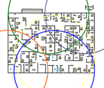 [Fig. 4 Trazo de círculos para discriminar las ubicaciones de los cuartos de telecomunicaciones.]