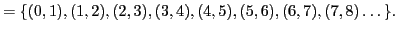 $\displaystyle =\{(0,1),(1,2),(2,3),(3,4),(4,5),(5,6),(6,7),(7,8)\dots\}.$