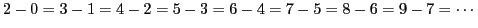 $\displaystyle 2-0=3-1=4-2=5-3=6-4=7-5=8-6=9-7=\cdots$