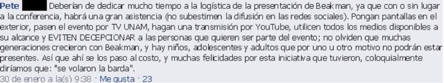 Comentario escrito en el perfil de Facebook del IFUNAM