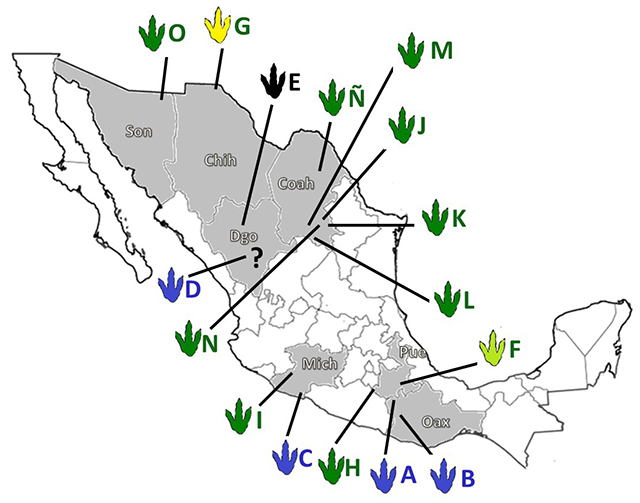 Sitios reportados con icnitas de dinosaurios