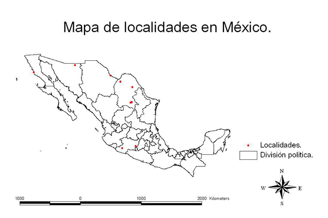 Mapa de la República Mexicana que muestra los sitios en los que se ha reportado material fósil de tiranosaurios