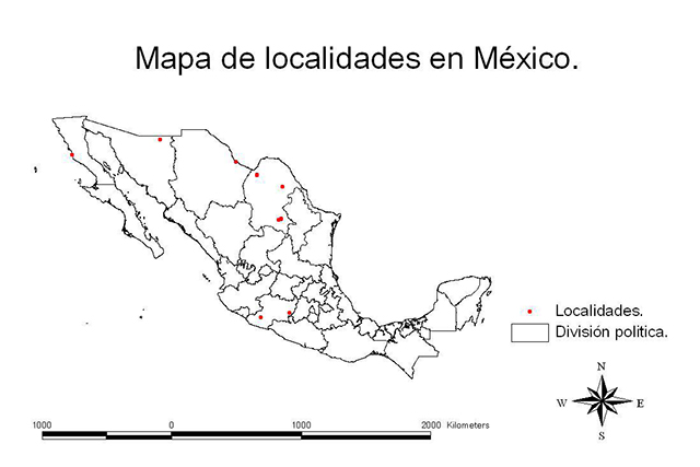 Mapa de la República Mexicana que muestra los sitios en los que se ha reportado material fósil de tiranosaurios