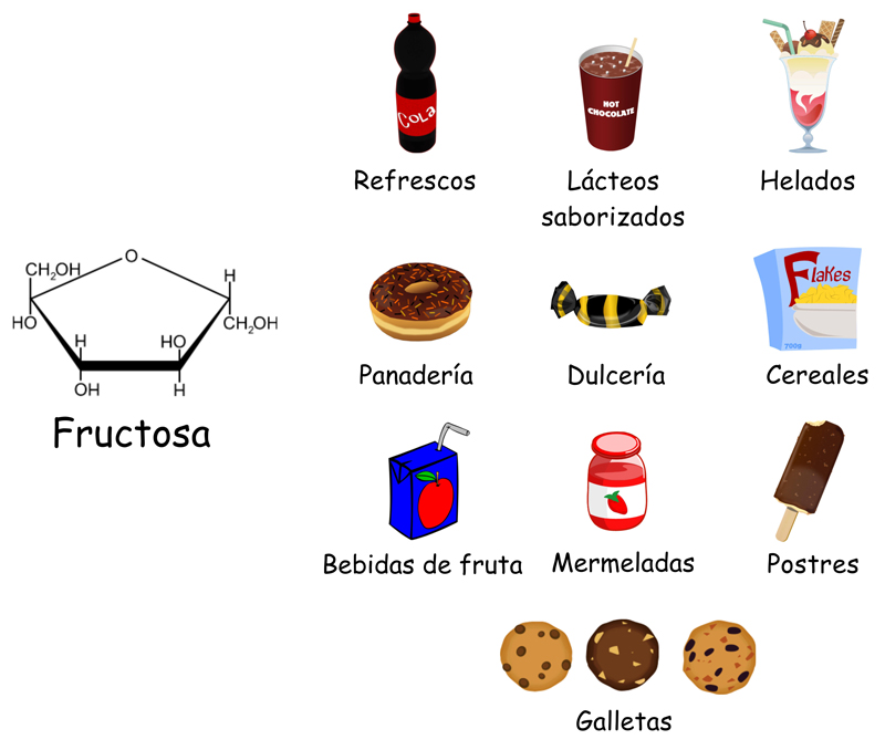 Estructura química de la fructosa. Bebidas y alimentos
