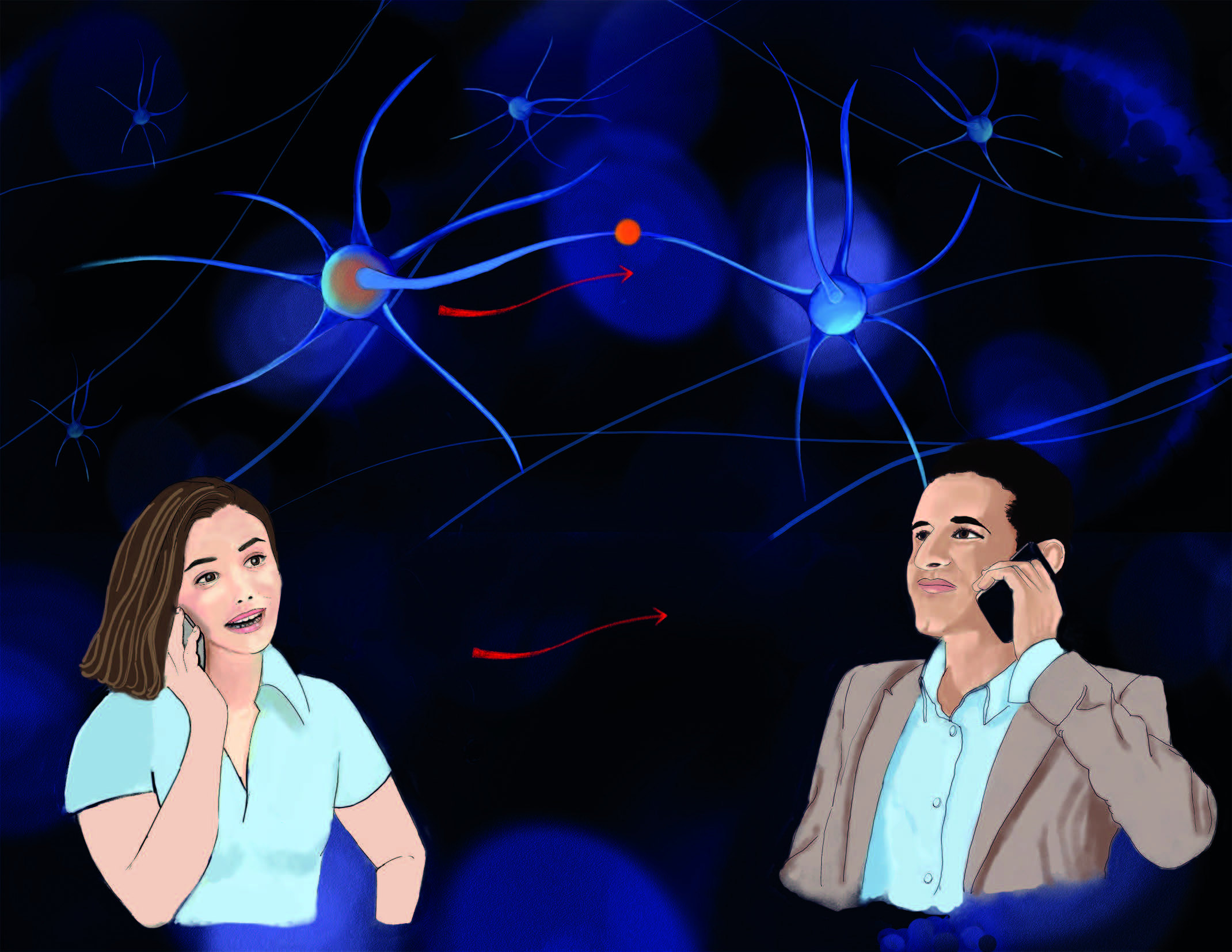 Imagen de la analogía de la 
    comunicación telefónica entre 
    dos personas y la comunicación 
    entre dos neuronas